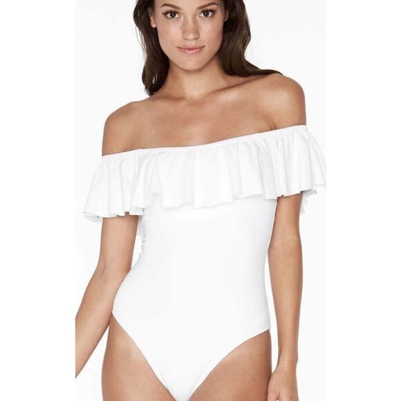 L*Space $180 Kimora One Piece Ruffle Off Shoulder Swimsuit Cheeky White Size 8 - Picture 1 of 5